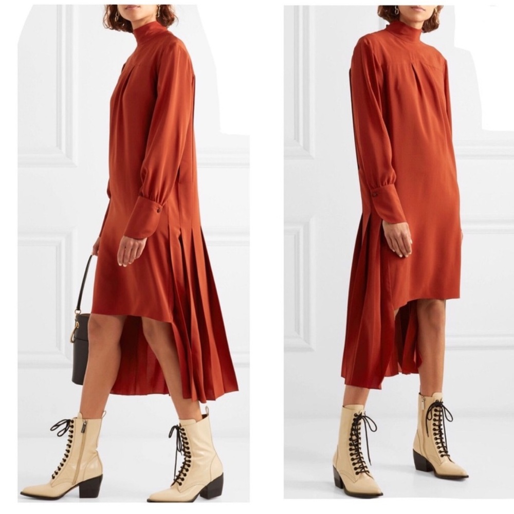 Chloe Silk Red Ochre Rust Midi Pleated Shirt Dress Size 34 NEW